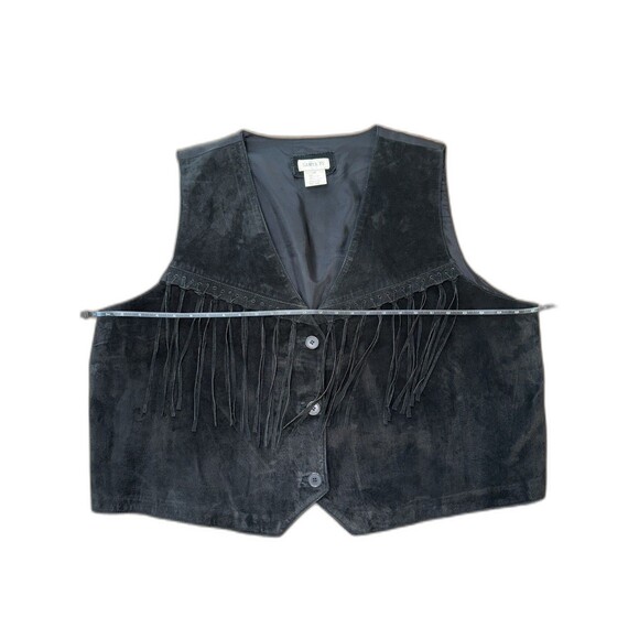 Black Suede Fringe Leather Vest Western Boho Button Front V-Neck Sz 3X Santa Fe - Picture 7 of 9